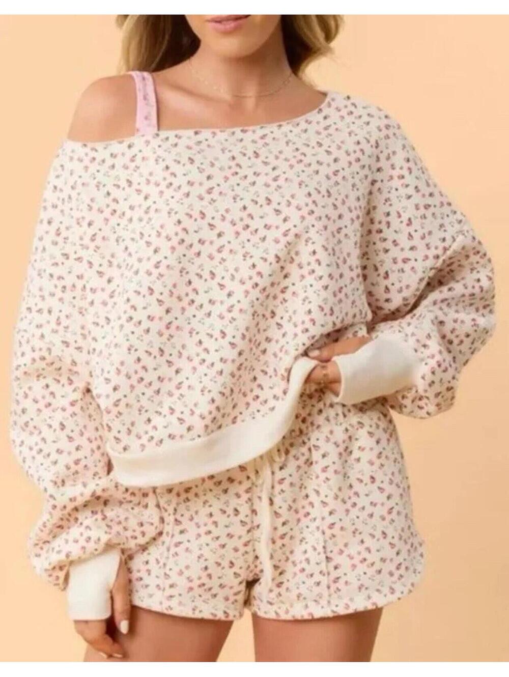 Blogilates Bride To Be Floral Off Shoulder Sweatshirt Medium Ivory Pink Cozy